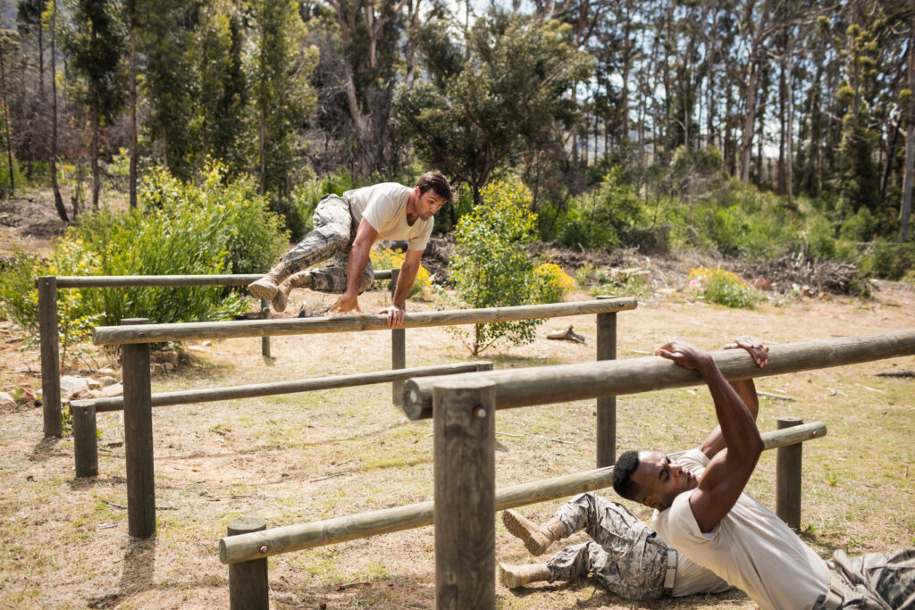 Military soldiers training on fitness trail