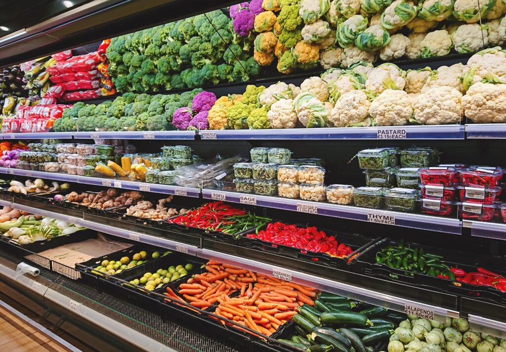 view of vegetable counter in supermarket fruits 